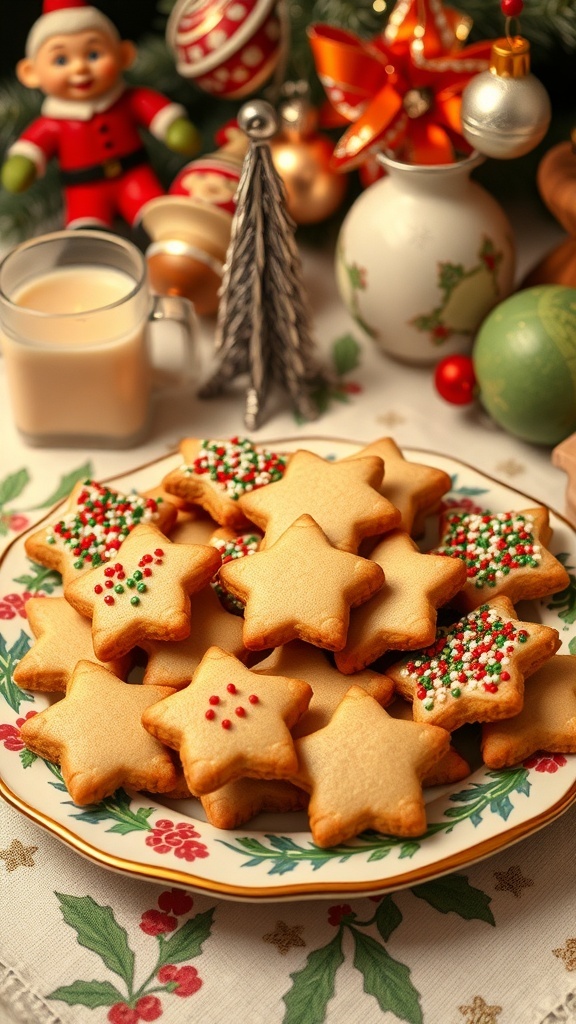 Vintage Christmas Cookies Recipe A plate of vintage Christmas cookies decorated with colorful sprinkles, set against a backdrop of 1950s holiday decorations.